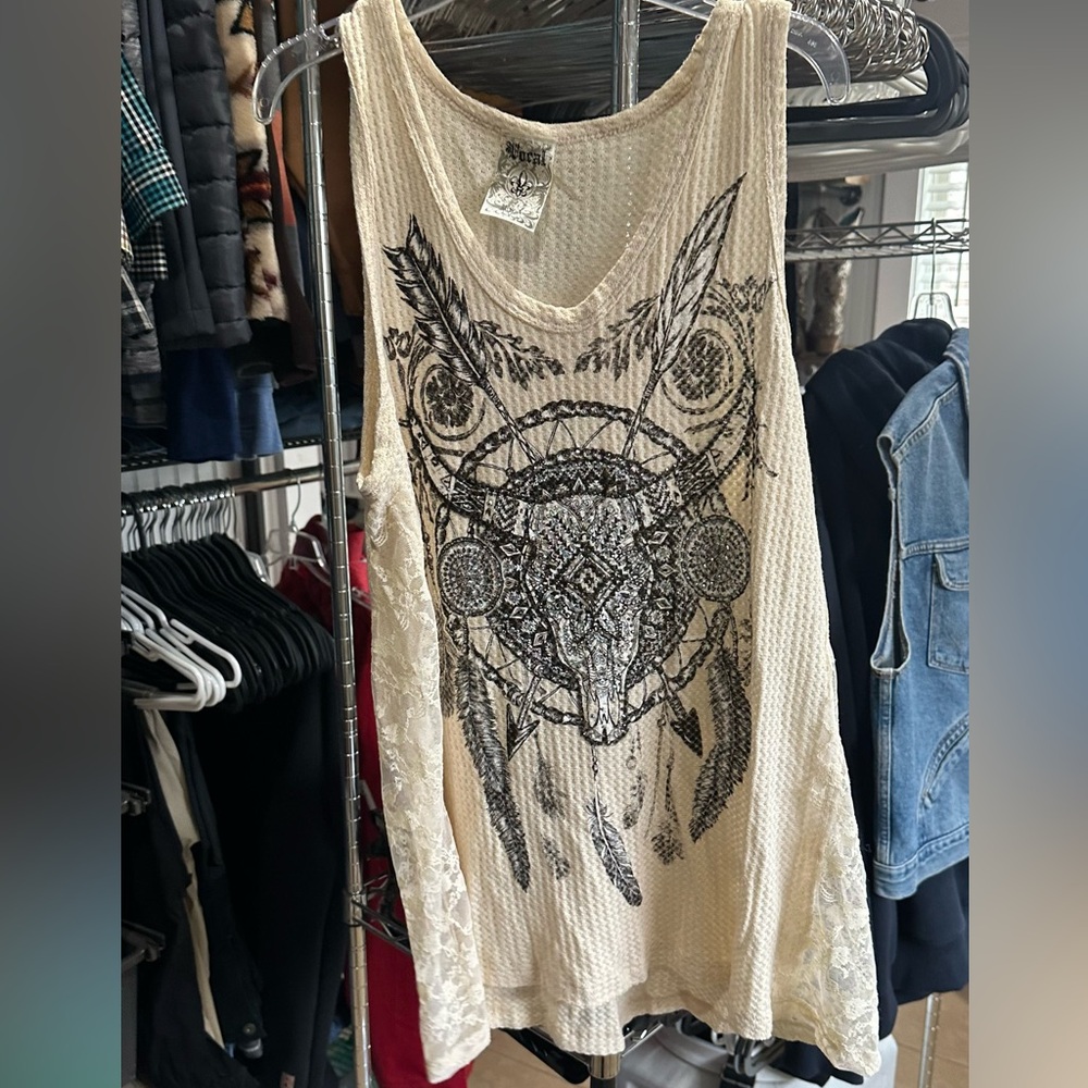Vocal Cream Waffle Knit Tank with Black Dreamcatcher Print